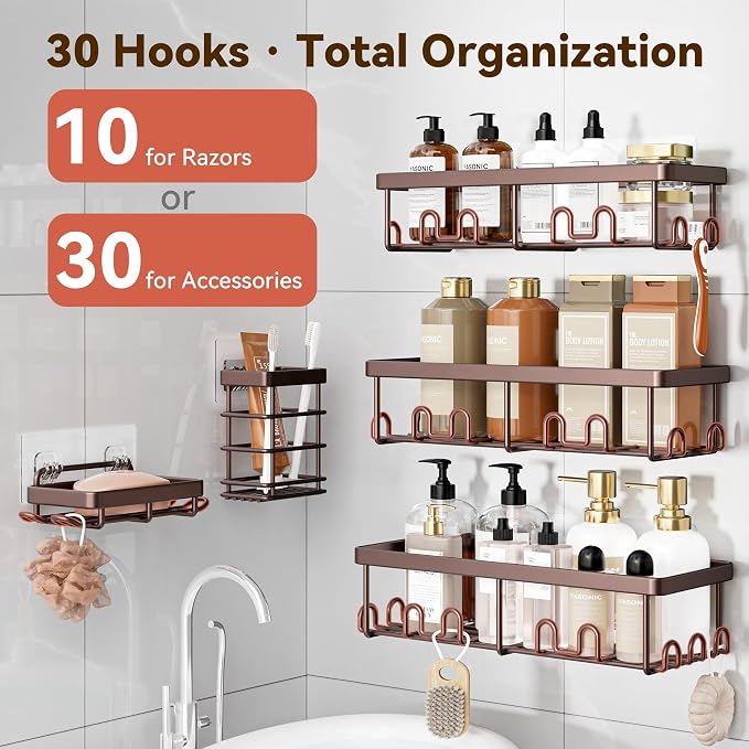 Shower Caddy Adhesive, Rustproof Shower Organizer, Wall Shower Rack | Large Capacity Shower Shelves for Inside Shower, Shampoo Shower Holder, Bronze, 3 Caddies, 1 Soap Dish, 1 Toothbrush Holder - Image 3