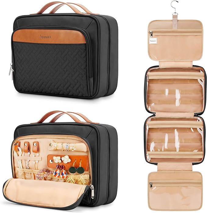 Travel Hanging Toiletry Bag for Women, with Jewelry Organizer Compartment, Medium Waterproof Hanging Makeup Accessories, Cosmetic Essentials, Toiletries Dopp Kit Set with Trolley Belt, Black by COOSKY