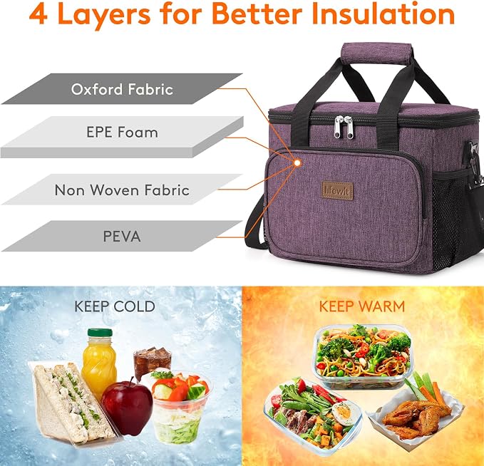 Lifewit Large Lunch Bag, Insulated Lunch Box, Soft Cooler Cooling Tote for Adult Men Women, Purple 24-Can (15L) - Image 3