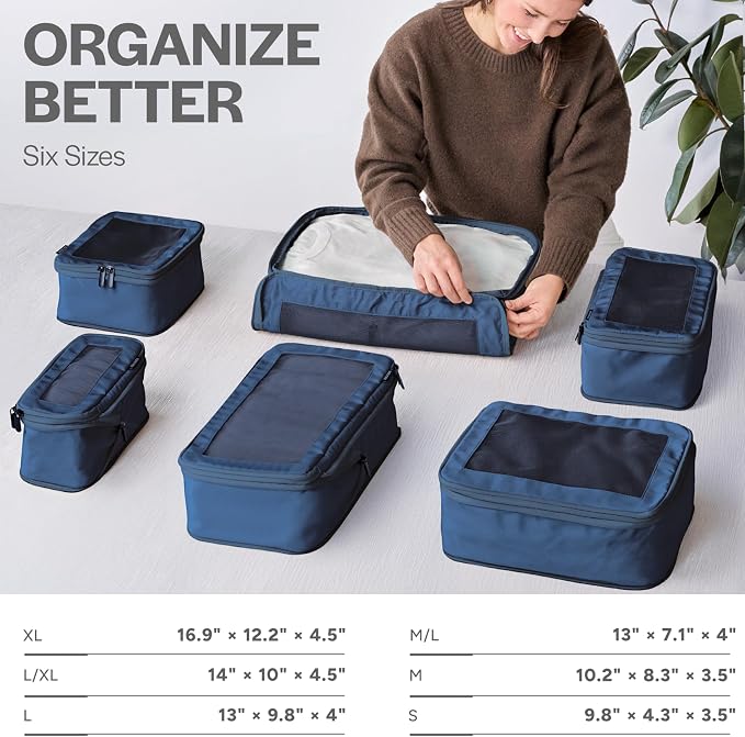 Compression Packing Cubes for Travel, 6-Pack, Dark Blue | Solves overpacking, 6-Piece set fits most suitcases, 50% Space savings, Compression luggage organizer bags - Image 3