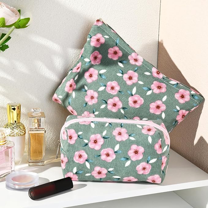 SOIDRAM 2 Pieces Sakura Makeup Bag Large Cosmetic Bag Capacity Canvas Mix Travel Toiletry Bag Organizer Cute Makeup Brushes Aesthetic Accessories Storage Bag for Women, Sakura Mix Green - Image 2