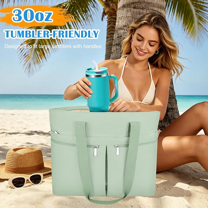 HUANLANG Large Beach Bags for Women Pool Bag with Zipper, Waterproof Sandproof Beach Tote Travel Bag with Wet Pocket - Image 2