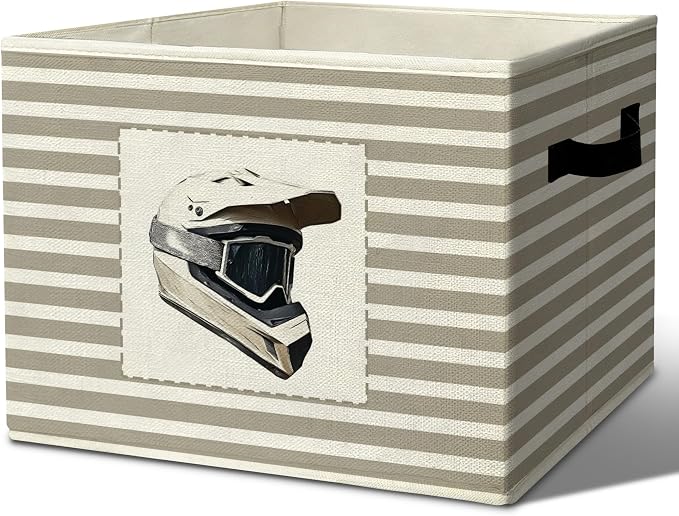 Rustic Dirt Bike Helmet Storage Bins Boxes Handles | grey striped nursery foldable basket for organizing bedroom toddler playroom by Unknown