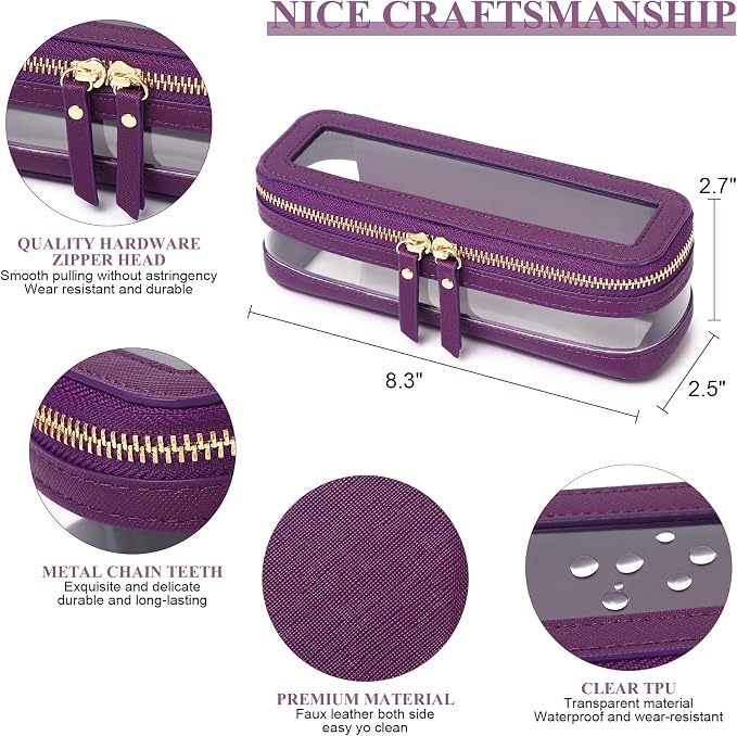 Pinkmik Makeup Brush Case, D.Purple | Clear Travel Cosmetic & Toiletry Bag, With Zipper, Small Purse Organizer, Car Essential for Women - Image 3