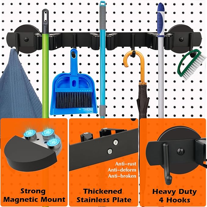 MUTUACTOR Magnetic Broom Holder,Anti-slip Heavy Duty Broom and Mop Hanger Metal Tool Holder 3 Racks and 4 Hooks for Laundry Garage Kitchen Factories Workshops Organization and Storage(1 Set) - Image 7