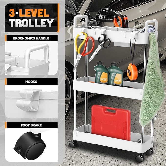 Auto Dynasty 3-Tier Rolling Utility Cart w/Handle, Narrow Storage, White | Sturdy Steel Frame, Smooth-Rolling Casters, Multifunctional Shelves, Space-Saving Slim Design, for Office/Kitchen/Bathroom - Image 2