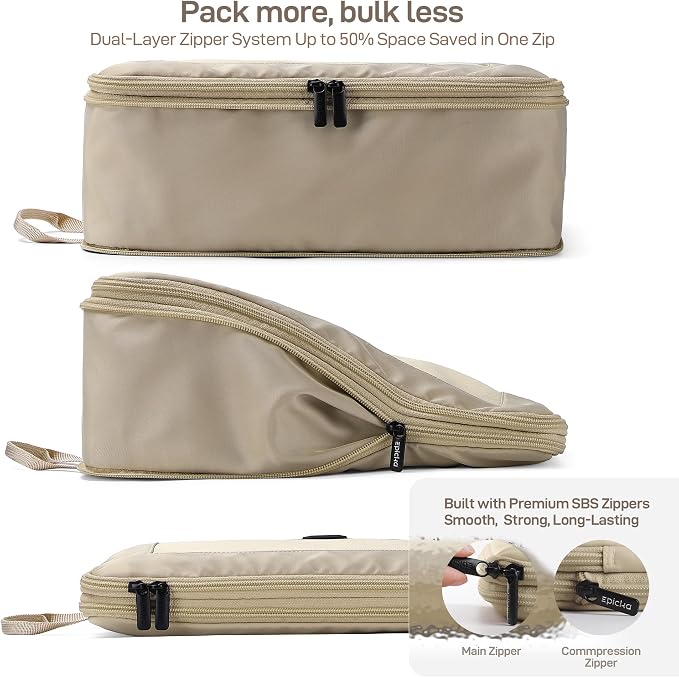 EPICKA TripCozy Compression Packing Cubes, 6 Set, Khaki | Durable Expandable Travel Organizer Bags with Mesh Tops for Space-Saving Storage of Clothes & Accessories in Luggage - Image 2