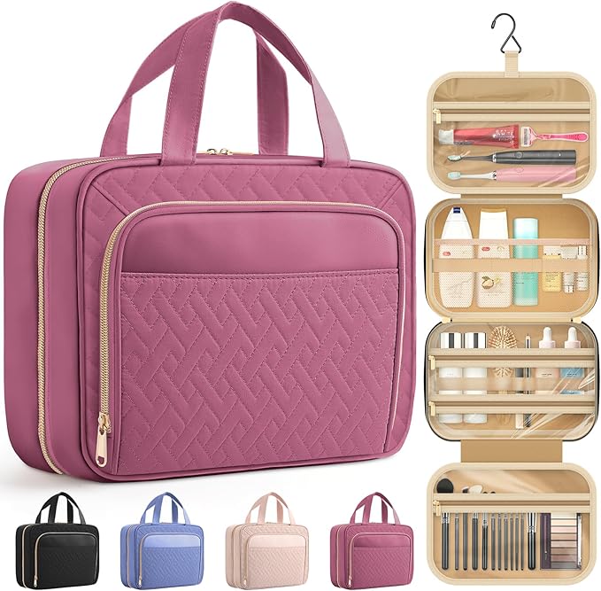 HOTOR Hanging Travel Toiletry Bag Women Men, Rosewood-Pink, Medium | Waterproof Makeup Bag Hanging Hook,Multiple Pockets,Travel Essentials,11.2 x 3.2 x 8.9inches by HOTOR