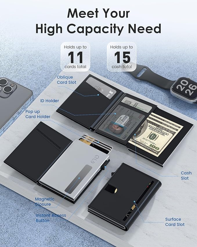 QLD Mens Wallet Card Holder - RFID Blocking Wallet for Men, Pop Up Aluminum Case, Trifold, Leather, Smart, Slim, Minimalist, Front Pocket - 9-11 Card Capacity | ID Window | Cash Slot - Image 2