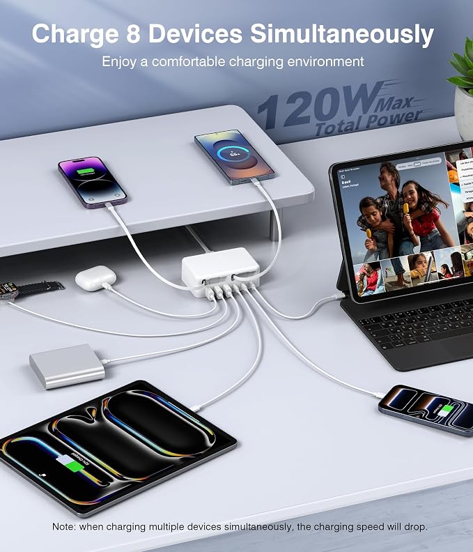 2026 Latest USB C Charger Block, 8 in 1 GaN Retractable Charger Station Hub with Lightening & Type C Cable, 120W Travel Essential Multi USB C Power Strip Plug for iPhone 17 16 15 Pro Max iPad Galaxy - Image 2
