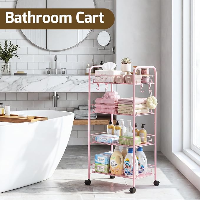 PLKOW 4-Tier Rolling Utility Cart with Detachable Baskets, Pink | 4-tier steel cart with detachable baskets, anti-fall pads, hooks, and 360° wheels for compact home storage - Image 6