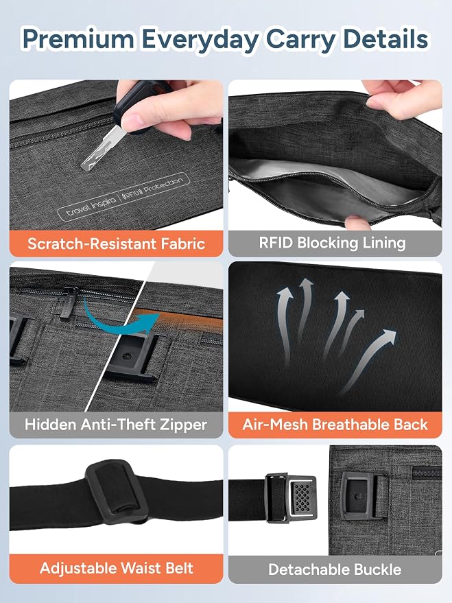 Hidden Money Belt for Travel, RFID Blocking Waist Wallet, 2 Zippers | Ultra-Slim Money Belt; RFID-Blocking Waist Pack; 2 Zippered Pockets; Moisture-Wicking; lightweight - Image 9