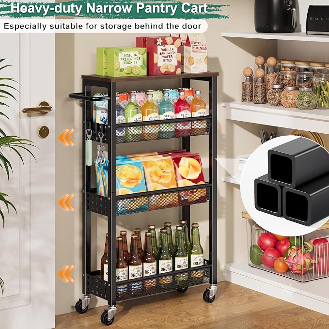 4 Tier Slim Rolling Cart with Wheels for Between Washer and Dryer Storage | Black Metal Rolling Spice Rack Next to Fridge, Narrow Kitchen Cabinet for Small Spaces, Laundry Room Organizer Carts - Image 5