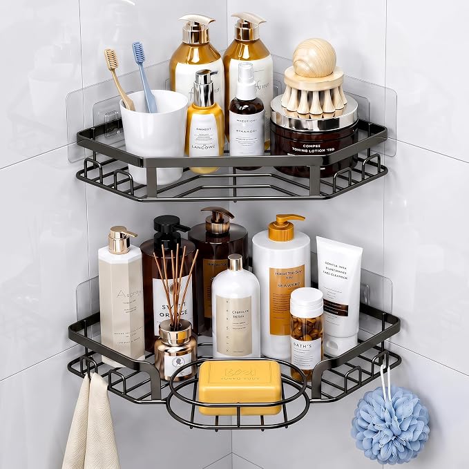 Corner Shower Caddy, Rustproof Shower Organizer with Soap Holder and 8 Hooks, No Drilling Adhesive Shower Shelves for Inside Shower, Large Capacity Shower Rack for Bathroom Shower Storage, X-Large by MAXIFFE