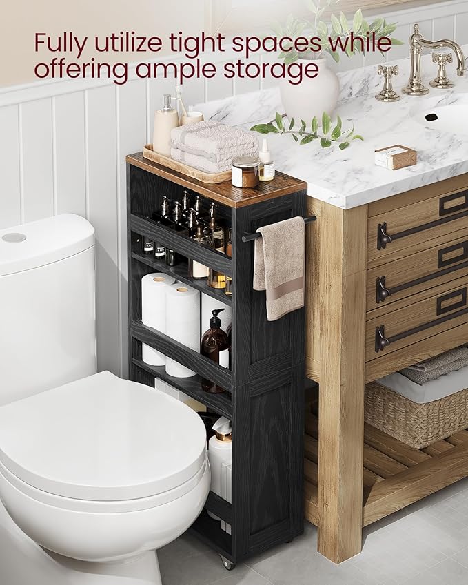 VASAGLE 4-Tier Slide-Out Storage Cart, Slim Kitchen Cart for Small Spaces, with Wheels, Handle, Bathroom, Laundry Room, 7.9 x 17 x 34.1 Inches, Ebony Black and Rustic Brown ULRC051K02 - Image 5