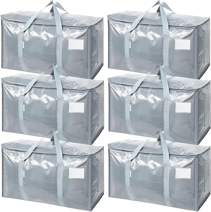 TICONN 6 Pack Extra Large Moving Bags Heavy Duty with Zippers & Carrying Handles, Durable Storage Bags Moving Boxes for Closet Organizers and Storage (6 Pack, Light Grey) by TICONN
