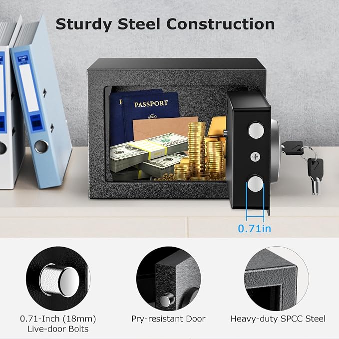 Bonsaii Safe Box with Electronic Keypad, Steel Security Lock Box with Key, 0.23 Cubic Feet, 9.06" W x 6.69" D x 6.69" H, Small Hidden Safe for Cash Jewelry | SPHC steel, 2 reinforcement bolts & hidden hinges, USB-C backup power, 9.06"x6.69"x6.69", fits... - Image 4