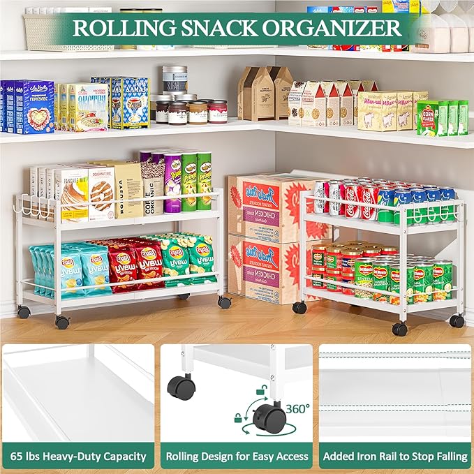 2 Pack 2-Tier Expandable Rolling Pantry Cart with Wheels, Adjustable Floor Organizer for Kitchen Pantry, Can Organizer for Pantry, Storage Cart for Snack, Food, Vegetables, White, Patent Pending - Image 6