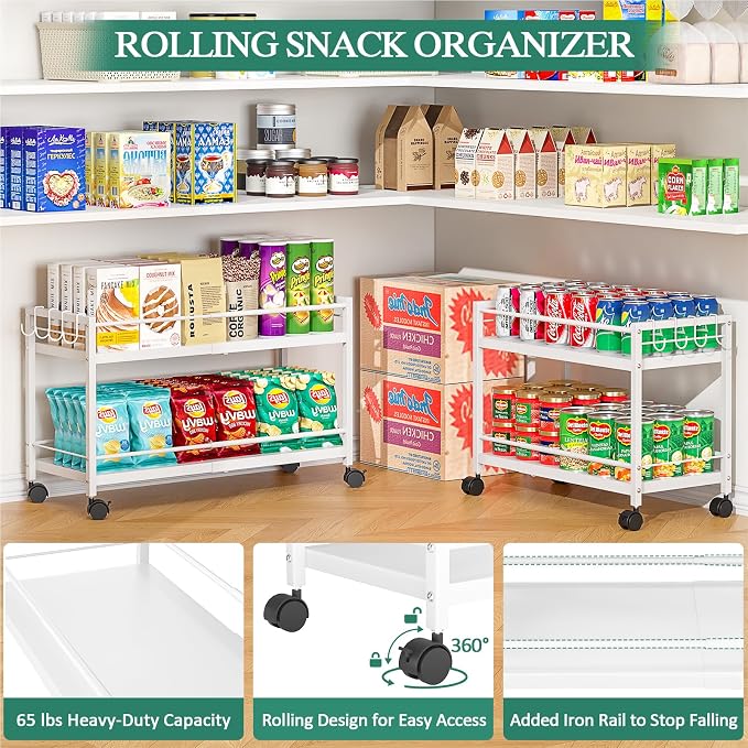 2-Tier Expandable Rolling Pantry Cart with Wheels, Adjustable Floor Organizer for Kitchen Pantry, Can Organizer for Pantry, Storage Cart for Snack, Food, Vegetables, White, Patent Pending - Image 7