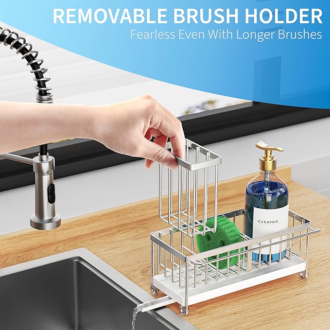 Cisily Sponge Holder for Kitchen Sink, Sink Caddy Organizer with High Brush Holder, Kitchen Countertop Organizers and Storage Essentials, Rustproof 304 Stainless Steel (Silver with Towel Rack, 9.25″) - Image 3