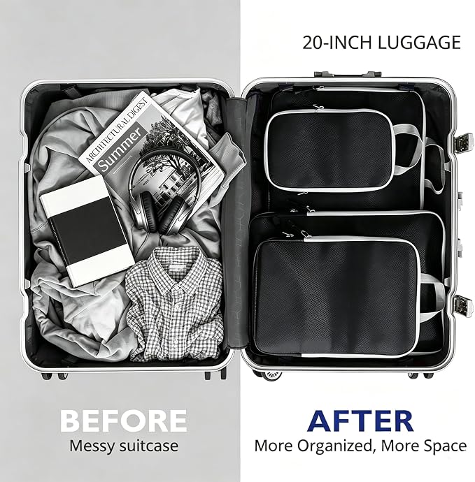 4/8 Set Compression Packing Cubes for Travel Essentials, Compressible Expandable Luggage Organizer Bags for Clothes, Durable Space Saver Storage Bags for Suitcase(4set-Blue Gingham) - Image 6