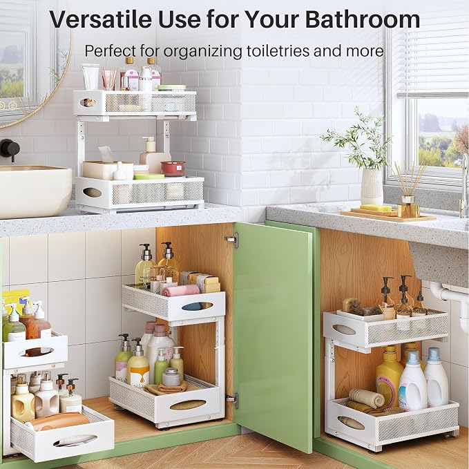 Under Sink Organizer, 2 Pack 2 Tier Pull out Cabinet Organizer Baskets with Mesh Sliding Drawers, Slide out Sink Storage Shelves for Kitchen, Bathroom, Pantry, Cabinet Organizers and Storage(White) - Image 8