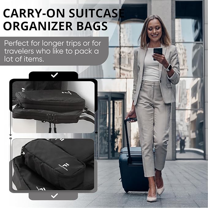 8 Piece Compression Packing Cubes Set - Double Capacity Design for Travel - Small, Medium & Large Sizes - Carry-On Suitcase Organizer Bags (Black) - Image 3