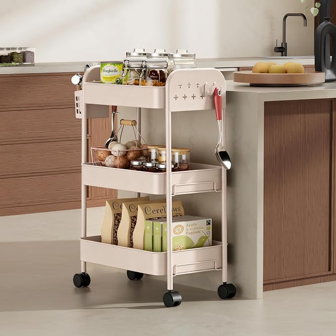 Heavy-Duty Rolling Cart 3 Tier Metal Utility Storage Cart | with Casters, Hooks & Hanging Cups, Rolling Storage Organizer for Kitchen Office Craft Snack Book - Image 3