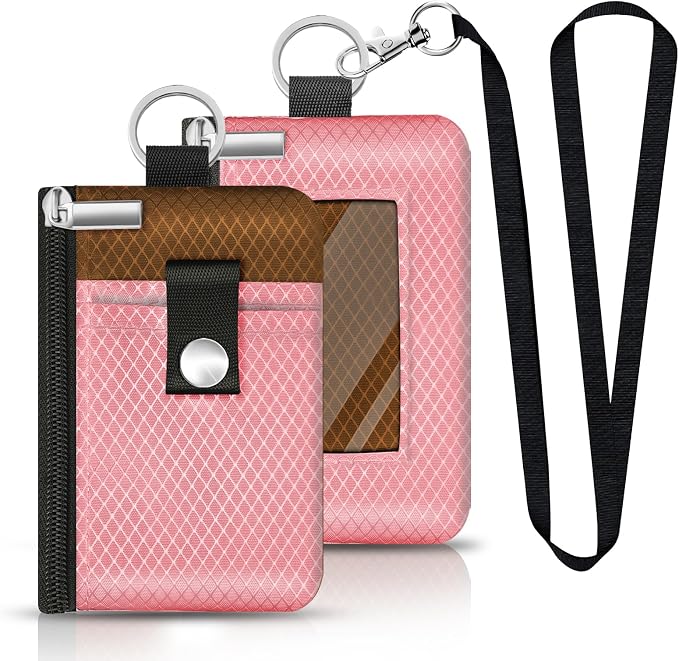 Minimalist RFID Blocking Small Wallet with ID Window,WaterResistant Zip Id Case Wallet with Lanyard Keychain for Cards,Cash,Travel,Women,Men (Pink/Brown) by CCUMI