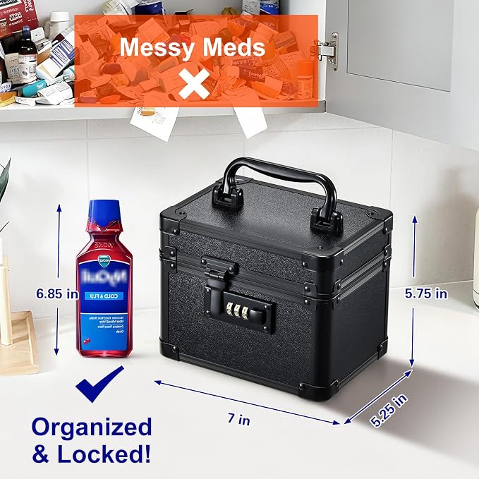 Black Medicine Lock Box - 7" Medication Lock Box & Lockable Storage Box for Personal Items - Secure Medicine Storage Box with 3-Digit Combination Lock - Aluminum Small Lock Box for Home Travel - Image 3