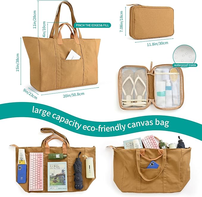 20" 12 Gal Extra Large Canvas Travel Tote Bag with Zipper | Oversized foldable lightweight tote, dual handles, big weekender carry tote for travel, shopping, overnight trip - Image 4