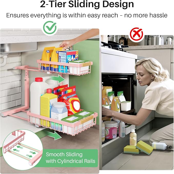 Kitstorack Under Sink Organizer, 2 Tier Under the Sink Storage, Slide out Pull out Cabinet Organizer Shelf, Metal Sliding Drawer for Kitchen Bathroom Pantry Closet Organization Rack, Pink, 1 Pack - Image 3