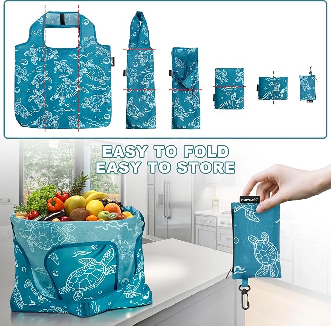 HOLYLUCK Reusable Grocery Bags,Heavy Duty Foldable Shopping Tote Bag (Standard, 3 Turtle) - Image 5