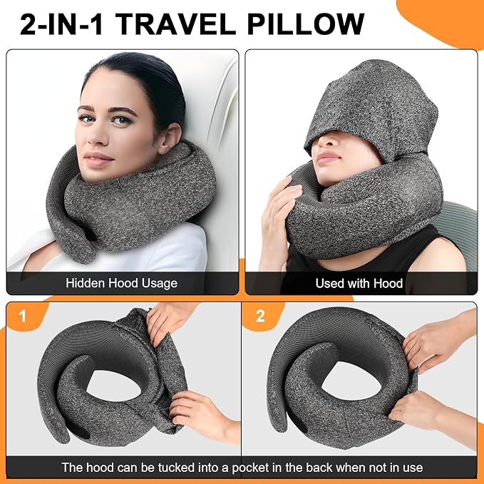 Travel Pillow - Hooded Neck Pillow Airplane Memory Foam Filling | for Plane, Office, Cars Sleeping, Road Trip, Long Flights Essentials, Includes Eye Mask & Earplugs (Midnight Blue) - Image 3