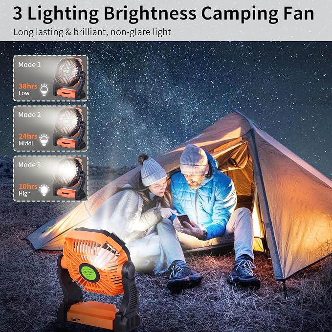 20000mAh Portable Fan Rechargeable Battery Powered Fan Camping Essentials | TDLOL Cordless Rechargeable Battery Operated Camping Fan with Light & Hook,USB Personal Fans Outdoor Beach Tent Travel Desk - Image 5