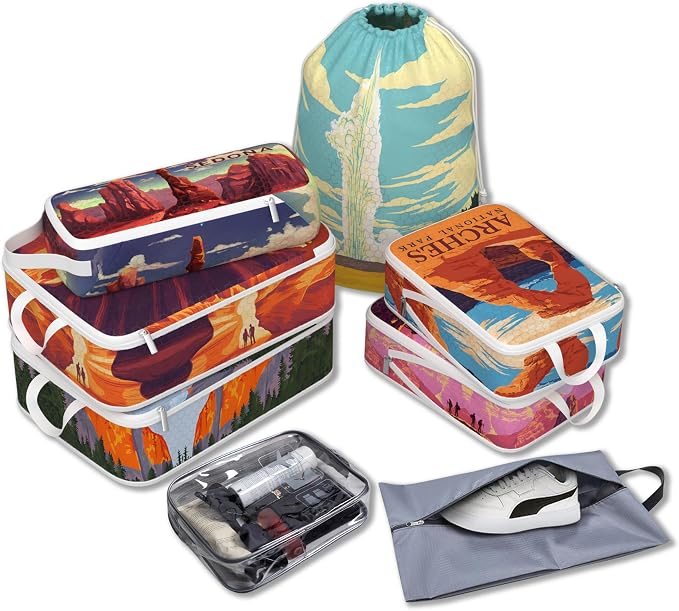 Compression Packing Cubes for Travel, 8 Set National Park Luggage Organizers, Waterproof Expandable/Compression Bags Travel Packing Cubes with Clear Toiletry Bag and Shoe Bag - Image 6
