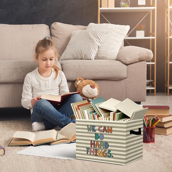 Rustic Boho Classroom Storage Bins Boxes with Handles | toys books clothes, we can do hard things grey striped nursery foldable basket for organizing bedroom toddler room playroom - Image 5