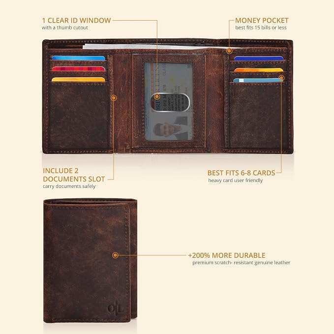 Real Leather Mens Trifold Wallet RFID Blocking Slim Minimalist Front Pocket - Thin & Stylish with ID Window in Gift Box - Image 2