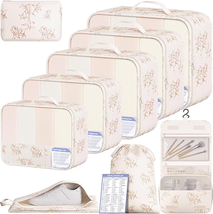 BAGAIL 9 Set Packing Cubes with Packing List Luggage Packing Organizers for Travel Accessories (Pink floral) by BAGAIL