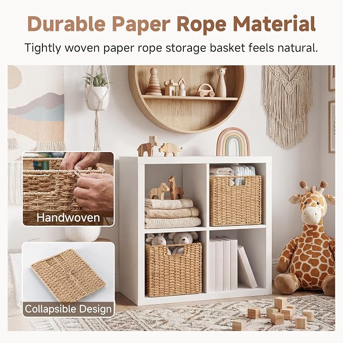 StorageWorks 11 inch Cube Storage Bins, Wicker Baskets,Storage Cube,Natural | 2-Pack, Paper Rope Baskets for Organizing, Handwoven Organizer Baskets, Foldable 11 inch Cube Storage Bins, Square Baskets - Image 5