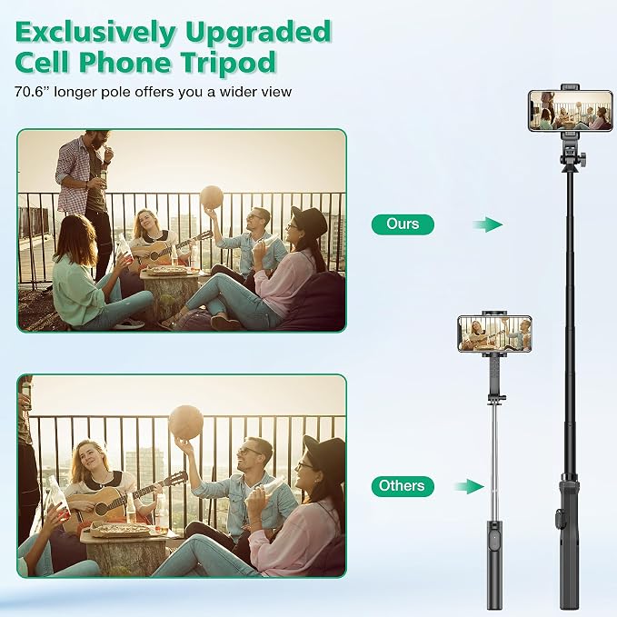 70.6" Phone Stand & Selfie Stick Tripod, Extendable Cell Stand with Remote and Phone Holder for Vlogging/Streaming, Compatible with iPhone Android GoPro - Image 2