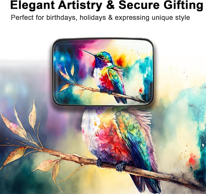 Credit Card Holder for Women Men RFID Blocking Wallet Small Business Metal Slim Mini Aluminum Hard Case (Watercolor Painting Hummingbird) - Image 7