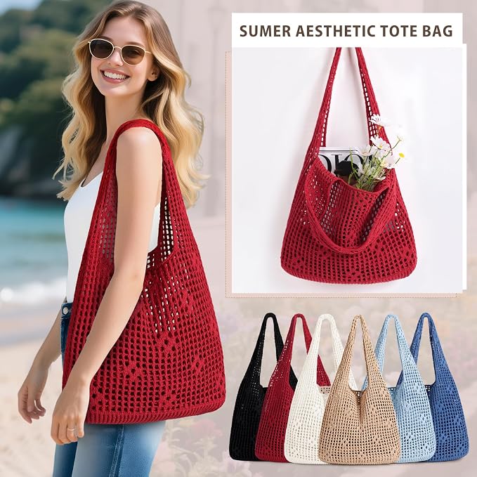 Sightor Crochet Tote Bag, Mesh Beach Bag Knit Summer Hobo Bag for Women | Beach Tote bag Vacation Outfits Aesthetic Boho Bag - Image 6