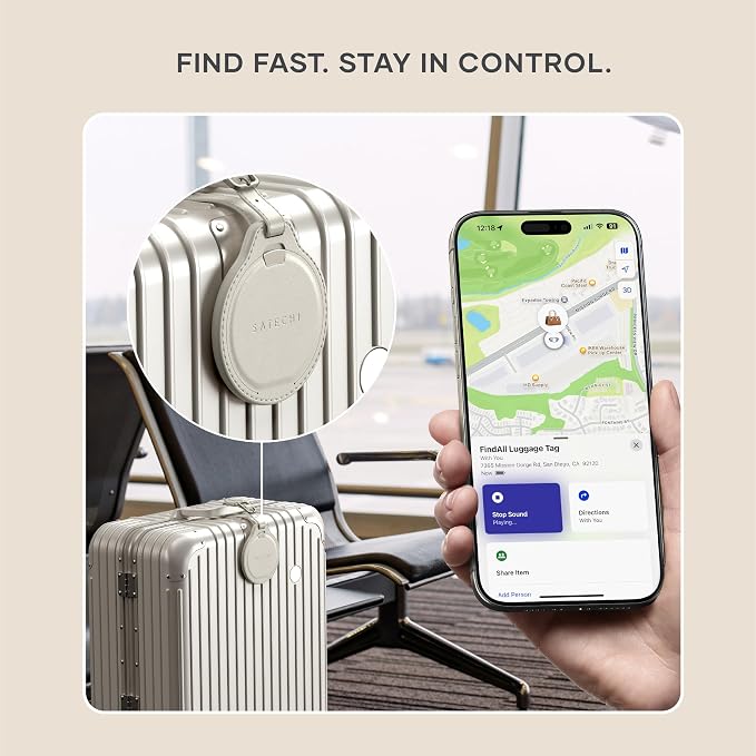 Satechi FindAll Luggage Tag, Find My Compatible, TSA-Friendly, Sand | Bluetooth Tracker, airport tracking, left-behind alerts, loud audible chime, wireless rechargeable, for iPhone, iPad, Mac - Image 4