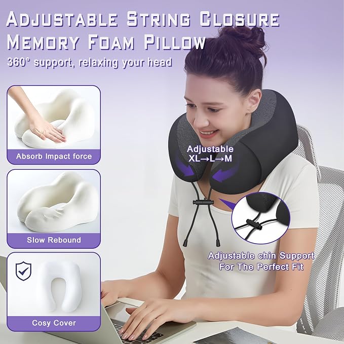 Travel Neck Pillow,Neck Pillow for Sleeping Travel,Airplane, Car, Office | Upgraded Memory Foam Neck Pillow for Travel,Machine Washable, Adjustable Flight Pillow, Suitable for Sleeping (Black) - Image 4