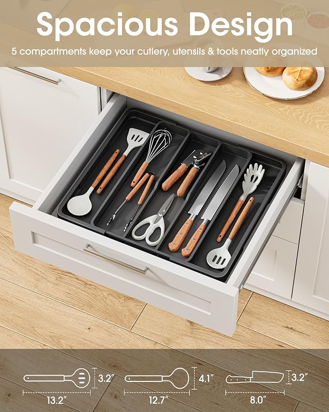 Aujen Silverware Drawer Organizer, Adjustable Utensil Cutlery Tray | Expandable Kitchen Organizer for Forks Knives, Multipurpose Kitchen Storage, Apartment Essentials, Black, X-Large - Image 2