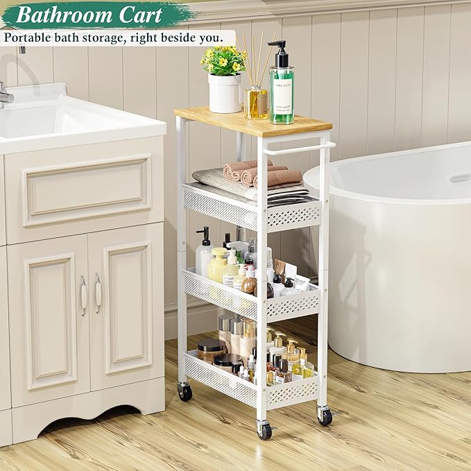 OKZEST 4-Tier Slim Rolling Storage Cart for Laundry Room, Bathroom, Kitchen | Upgraded metal hub casters, Narrow utility cart for small space/gaps, Premium wood top & metal mesh shelf, with handle & hook - Image 4