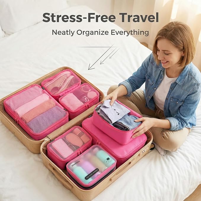 6 Set Compression Packing Cubes for 7–14 Day Travel, Rose Red | Nylon Oxford Fabric, Full Breathable Mesh, Reinforced Double-Zipper, Small to Large Size Bag, Expandable Packing System - Image 5