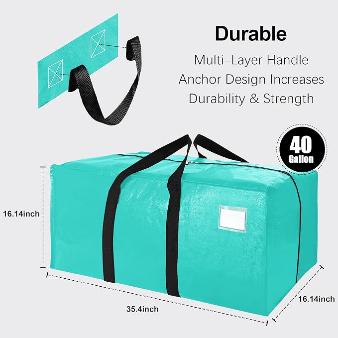 6 Pack Heavy Duty Extra Large Moving Bags W/Backpack Straps - Strong Handles & Zippers, Storage Totes For Space Saving, Fold Flat, Alternative to Box and Bin (40 gal, Aquamarine) - Image 2