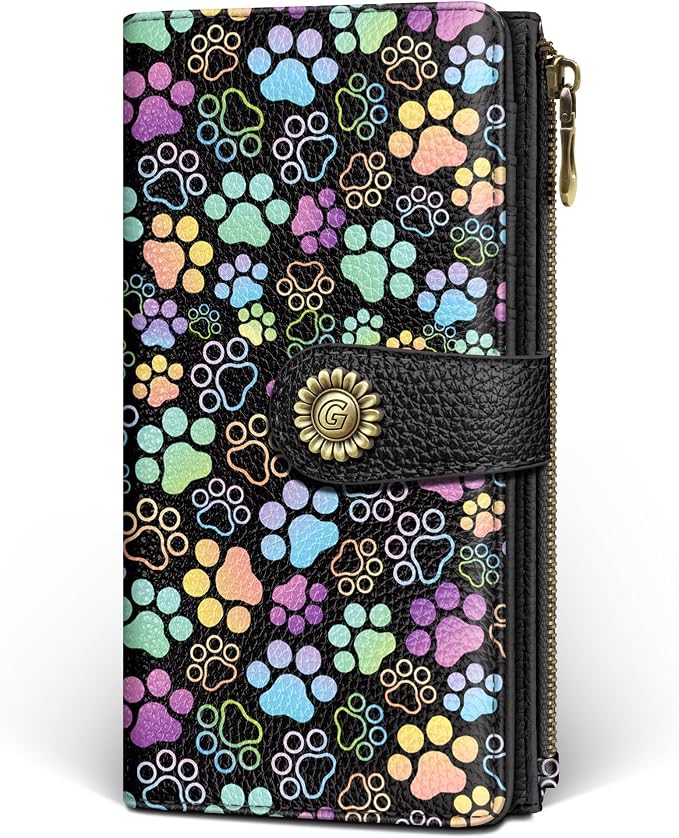 GIANCOMICS Puppy Dog Paw Womens Wallet RFID, Cute Credit Card Holder Bifold | Billfold, Cute Cash Purse, Travel Zipper Coin Pocket, Compact Clutch, PU Leather, ID Window, 11 Card Slots, Ladies Gift Woman by Giancomics
